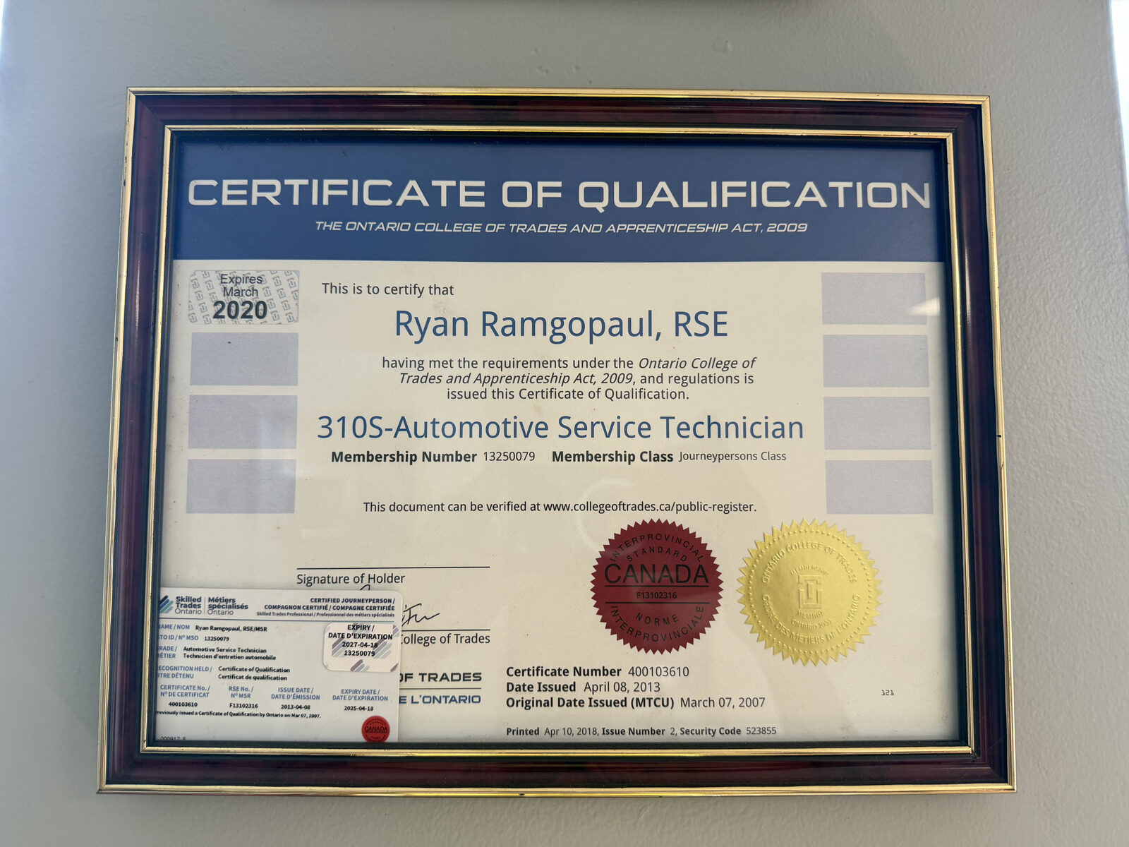 Ontario 310S Certificate of Qualification for Ryan Ramgopaul — licensed car mechanic at Vamp Automotive in North York