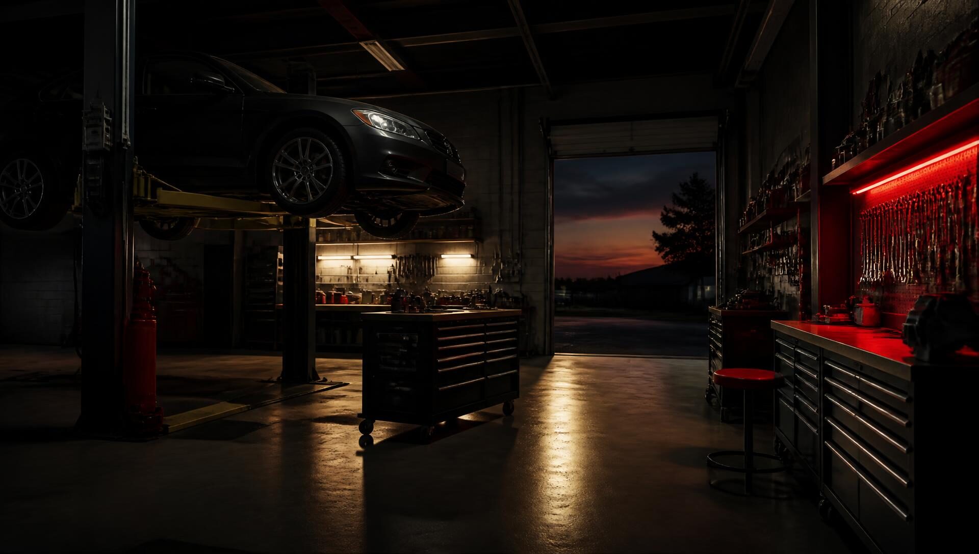 Automobile diagnostics near me: vehicle raised on a lift inside the Vamp Automotive service bay for car repair in North York